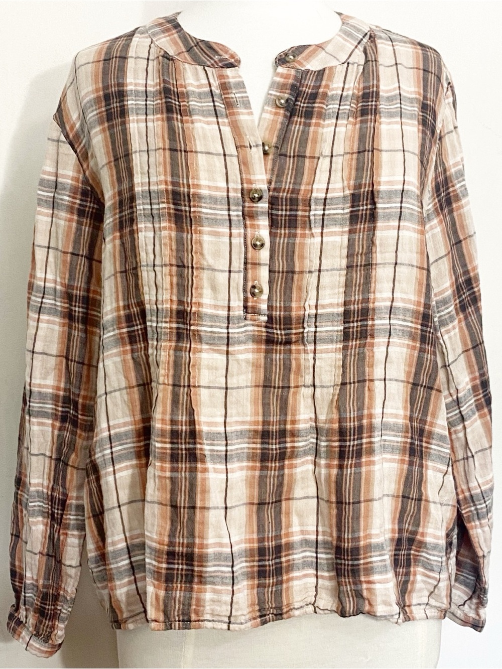 Grace + Karma Plaid Tucked Front Shirt - Brown Orange Plaid XL